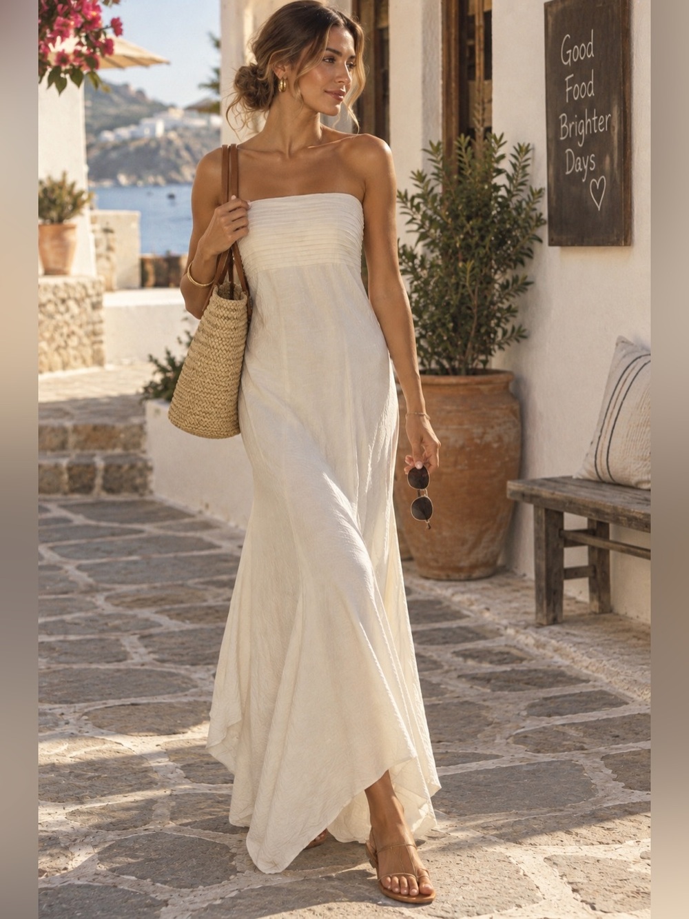 Vintage La Iguana Ivory Cotton Maxi Dress M Strapless Mermaid Coastal Resort